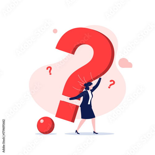 A woman struggling under a large question mark symbol representing challenges and confusion.