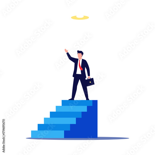 Businessman reaching for success on the top of a career ladder.