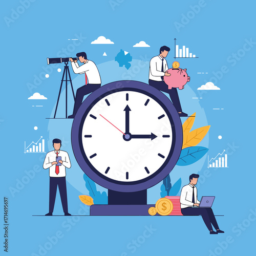 Business people working collaboratively to achieve financial growth and strategic goals with a ticking clock emphasizing the importance of time management.