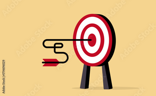 Complex arrow hit center of dartboard, difficulty to achieve success concept illustration