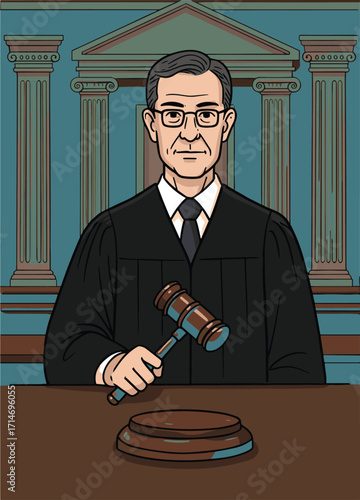 Judge sitting at courtroom desk with gavel, legal authority, judicial figure, cartoon illustration, court hearing, justice system, formal robe, trial scene, legal profession, courtroom setting