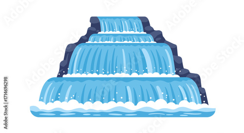 Cartoon Waterfall Cascade with Blue Water and Dark Rocks Illustration.