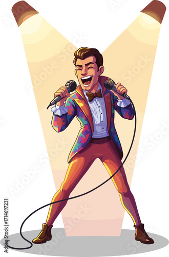 Male singer performing on stage with spotlight, colorful  cartoon illustration, musical performance, pop star, entertainment, vector art, singing man, showbiz, animated character, vocal artist