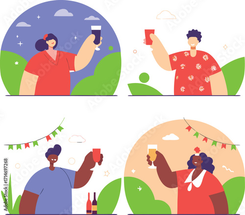 A cartoon vector illustration set of funny characters, including people, children, a doctor, and a family, for all four seasons