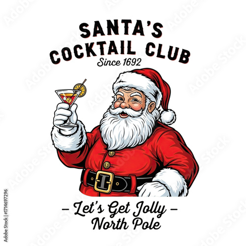 Santa claus holding a cocktail glass isolated on transparent background with santas cocktail club text