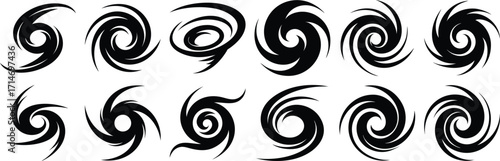 Twelve Black Spiral Shapes Arranged on White Background, Different Styles and Designs
