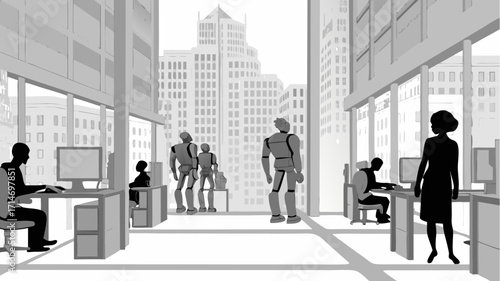 Futuristic office shows humans and robots working together in a modern city environment