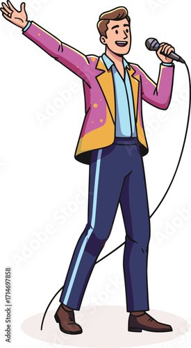 Male singer performing on stage with microphone, colorful jacket, live music, cartoon illustration, pop performer, entertainment, musical act, showbiz, vector art, singing man, dynamic pose