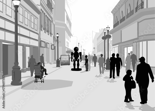 Robot standing in busy city street with people walking by in silhouette, modern design element
