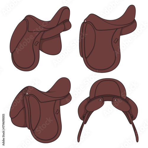 Set of color illustrations with horse saddle. Isolated vector objects on white background.