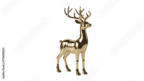 Elegant golden reindeer statue stands against a festive decoration on transparent background