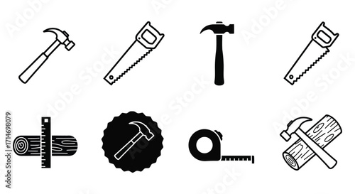 Vector Illustration of a hammer, hand saw, and measuring tape for carpentry, construction, and woodworking projects