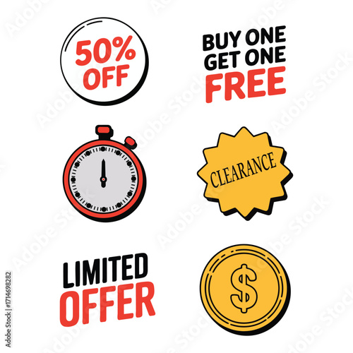 Discount promotion icons set with 50 percent off clearance and limited offer