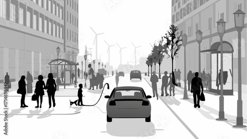 Modern city scene with electric vehicle charging near wind turbines, pedestrians walking on street