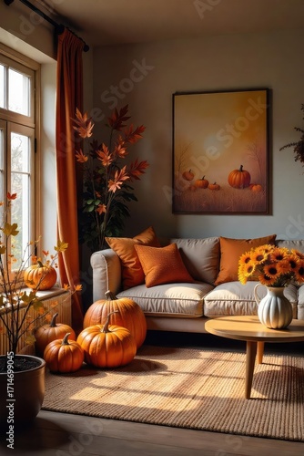 Cozy living room interior with autumn-themed decorations, pumpkins, warm lighting, and plush textiles creating a welcoming atmosphere for the fall season , home decor, halloween