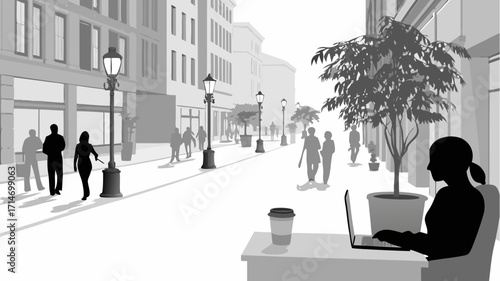 Relaxed freelancer working remotely at outdoor cafe in the city center, modern lifestyle concept