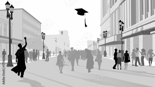 Graduation day celebration with cheering graduate and mortarboard toss in city street, joyous milestone