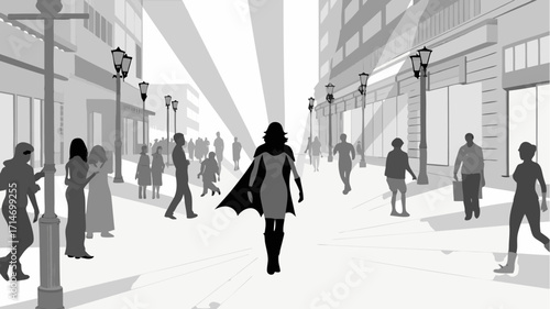 Empowered woman strolling confidently through city street with cape amid bustling crowds