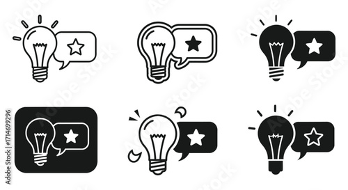 Vector art of collection of creative light bulb icons with star in speech bubble symbol of idea, innovation, and solution