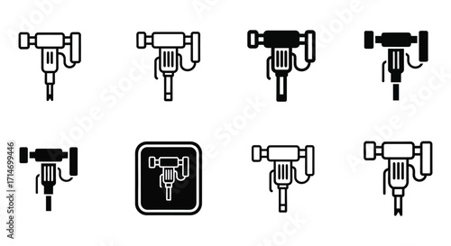 Vector art of set of jackhammer icons construction tool, equipment for demolition and breaking concrete, asphalt, rock