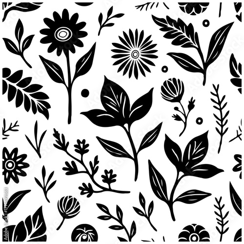 Monochrome floral arrangement featuring stylized blossoms and foliage creating elegant botanical