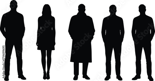 Silhouette of men and women standing in different poses, business people and casual figures in various clothing styles vector illustration