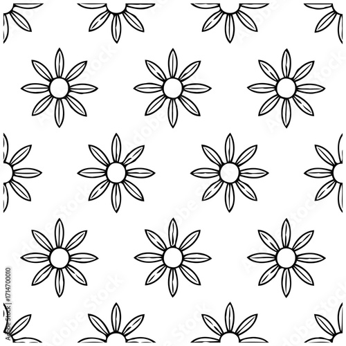 Monochrome flower pattern with symmetrical petals seamless repetition offering simplicity and
