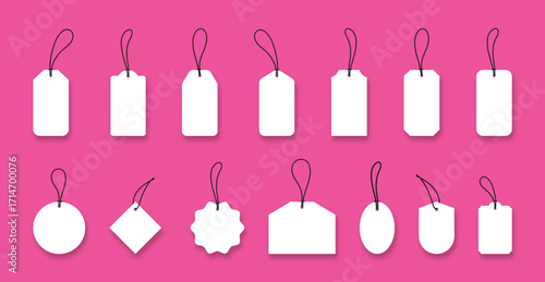 Blank white paper price tags or gift tags in different shapes. Set of labels with cord.
