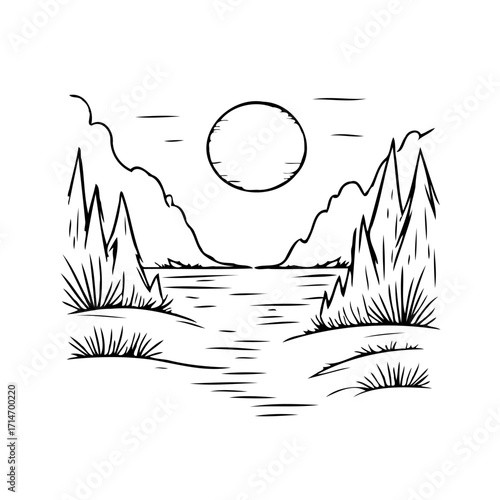 Monochrome nature scene showcases serene lake, majestic mountains, under radiant celestial body