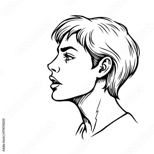 Monochrome portrait of a young woman with short hair gazing intently, artistic sketch displaying