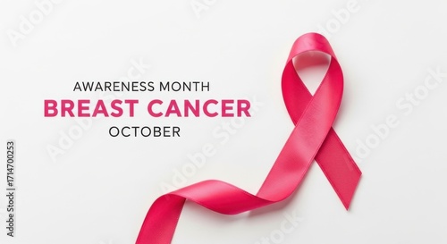 Pink ribbon isolated on white background with text breast cancer awareness month october