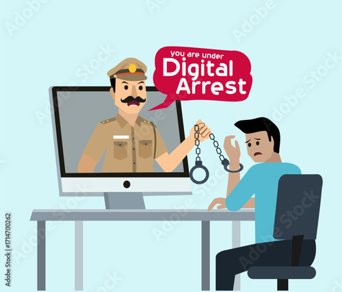 Digital Arrest Scam Concept – Online Fraud and Cybercrime Awareness vector Illustration. a scam where cybercriminals impersonate police to extort money or personal data