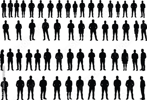 Group of diverse standing human silhouettes of men and women in casual and business poses, isolated people collection vector