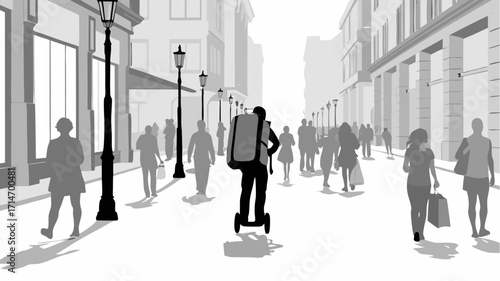 Modern city life with delivery person on scooter and pedestrian shoppers in urban landscape scene