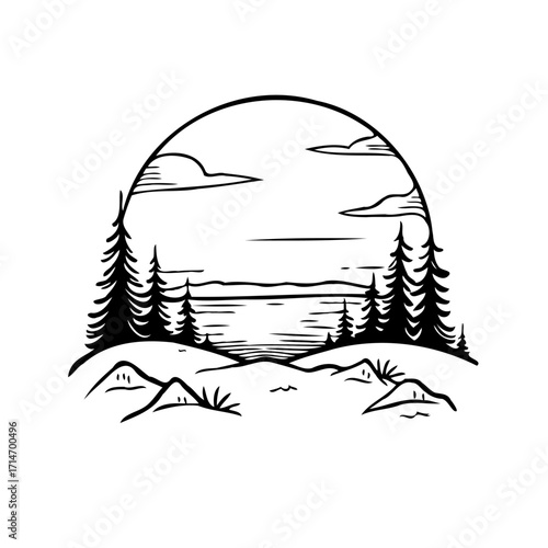 Monochrome stylized vector scene depicting evergreen trees landscape with a lake nature graphic