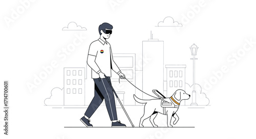 Vector art of blind man with guide dog walking in city street, illustration