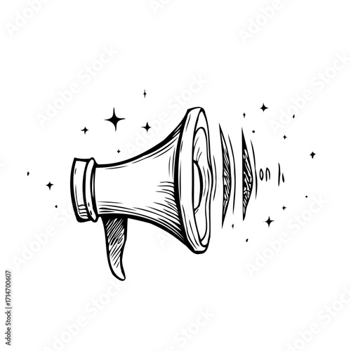 Monochrome vintage megaphone illustration amplifying voice representing communication and