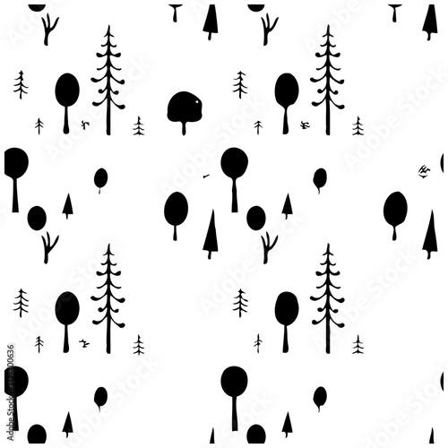 Monochrome whimsical woodland pattern depicting various stylized trees creating a serene and