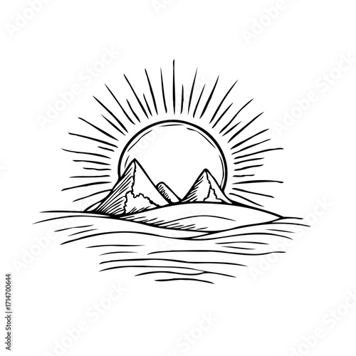 Mountainous vista with sunburst rising over calming waters depicting peace and tranquility in