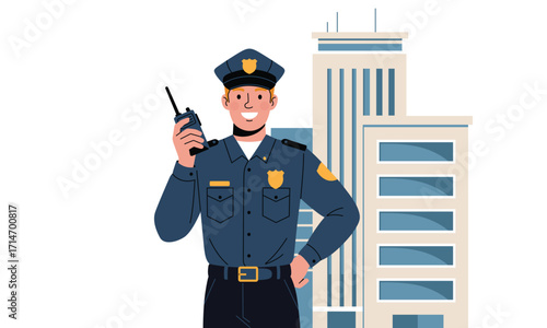 Friendly Police Officer on Duty in the City with Walkie Talkie Representing Law Enforcement and Public Safety