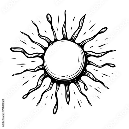 Mystical celestial sun illustration with radiant energy beams, a symbol of cosmic vitality and