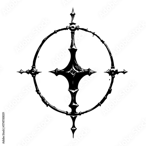 Mystical emblem featuring a cross design encircled by an ornamental frame in striking