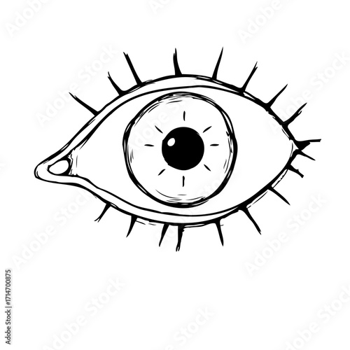 Mystical eye sketch showcasing inner light with spiky lashes and a simple design for graphic