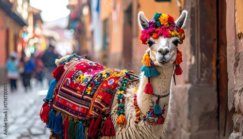 Colorful Llama in Andean Street.