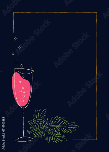 Sketch of a celebratory New Year scene featuring a pink champagne glass with bubbles and a green pine branch. Deep blue background contrasts elegantly with the vibrant colors. For festive decor