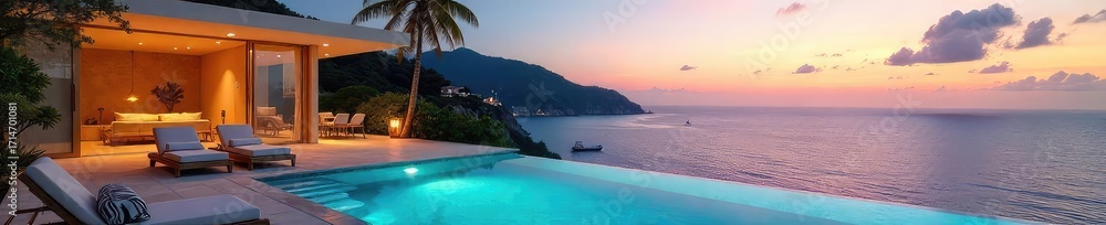 Fototapeta premium Luxurious Oceanfront Villa Private Pool, Breathtaking Sunsets, Perfect Family Getaway