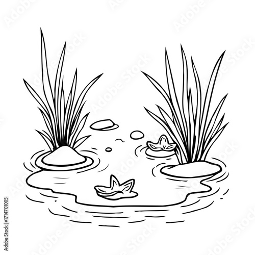 Peaceful waterside scene with stylized reeds delicate blossoms and smooth stones reflecting