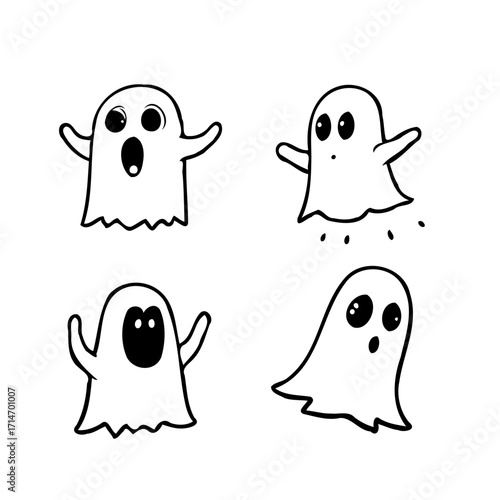 Playful cartoon ghosts in simple line drawing showcase a spooky and cheerful halloween theme ready