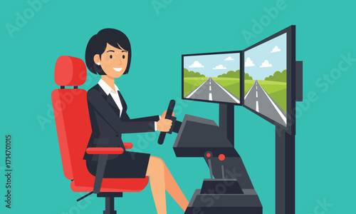 Professional Woman Using Driving Simulator for Training and Testing Skills with Realistic Road and Scenery Replications for Safety and Learning Experience in Modern Environment