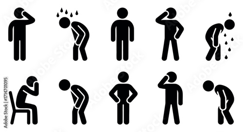 Stickman sick person icon set vector – silhouettes showing illness, headache, fatigue, stomach pain, stress, health problem, and medical symptom design